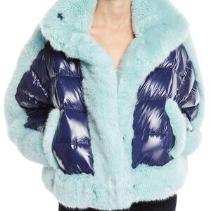 Opening Ceremony Colorblock Faux Fur Down Puffer Jacket, Size XS